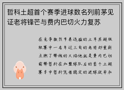 哲科土超首个赛季进球数名列前茅见证老将锋芒与费内巴切火力复苏